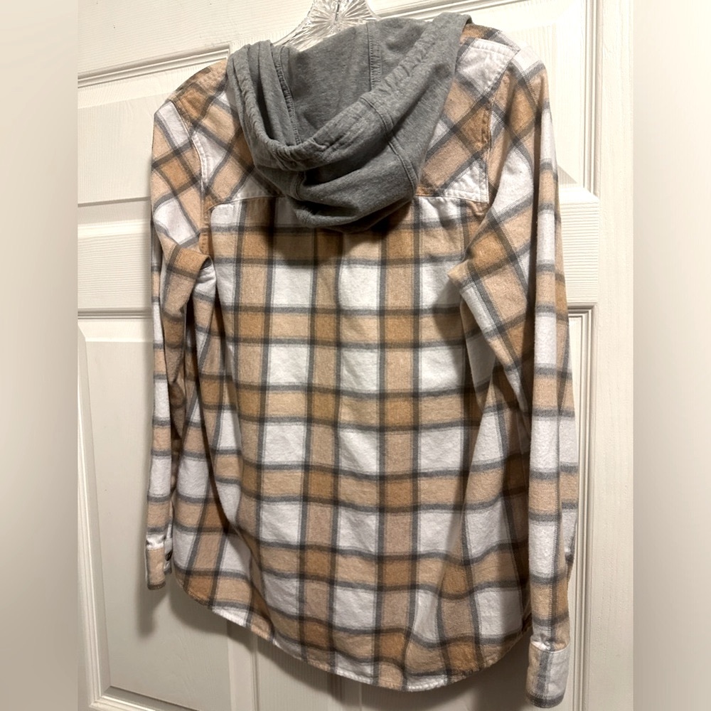 Cabela’s Natural Reflections tan/gray/white hooded flannel shirt. Size Medium. - Picture 5 of 7